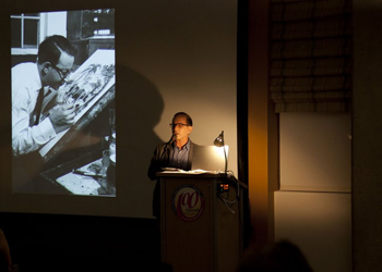 Lecture by Leonard Marcus.Photo by Drew Tudman